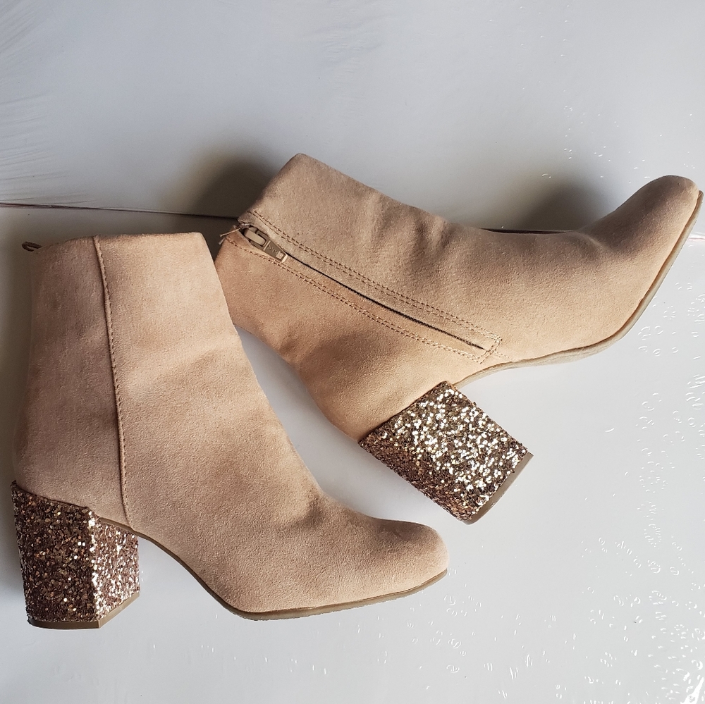 Rose Gold Glitter and Blush Block Heel Booties